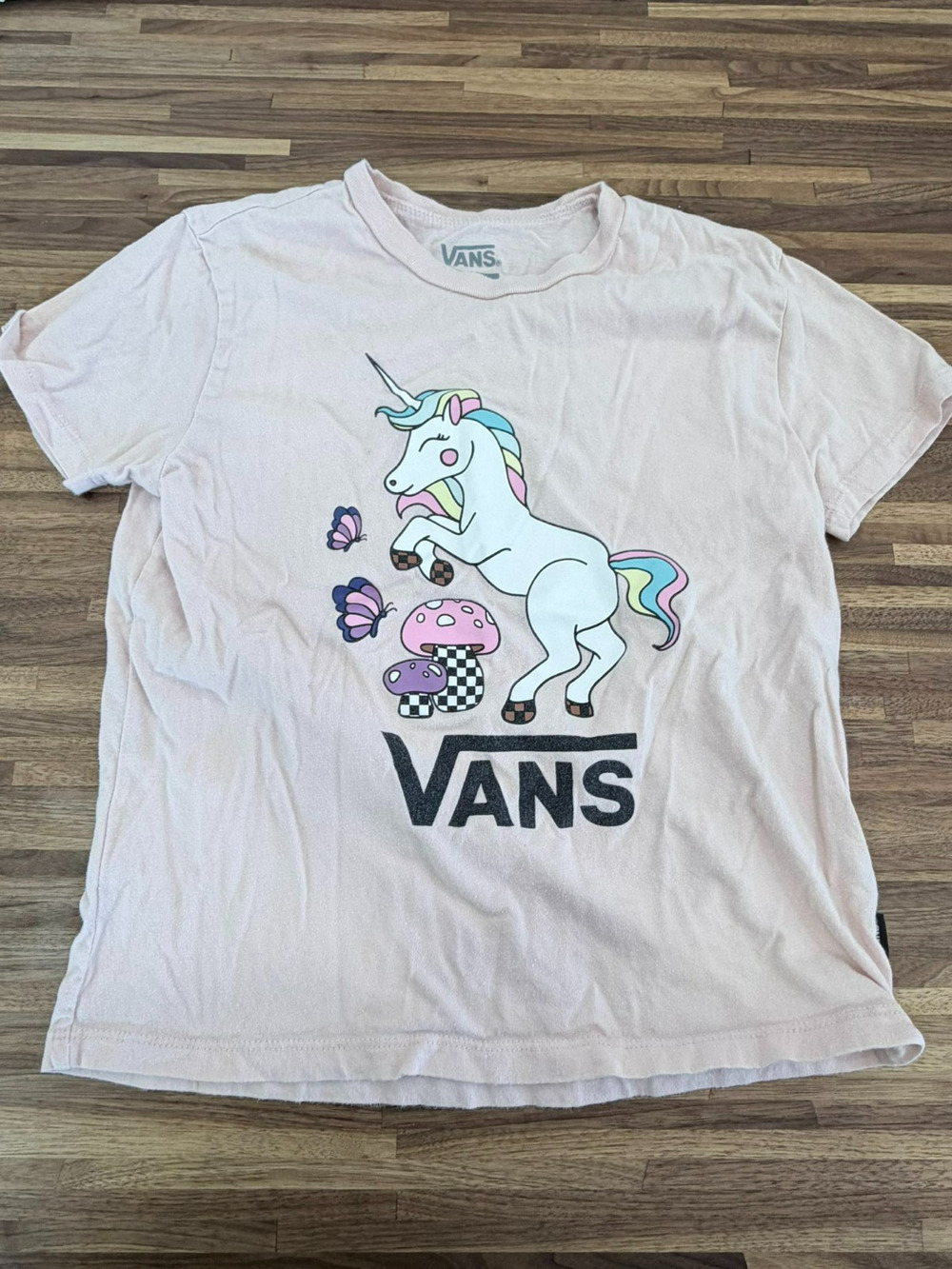 VANS Kids S 7-8 Unicorn Mushroom Butterfly Graphic T-Shirt Light Pink